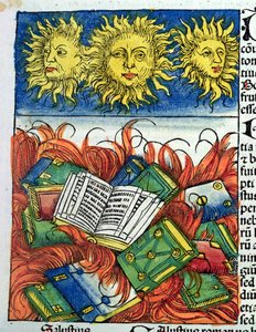 Autodafé di libri nel Medioevo, illustrazione dalla 